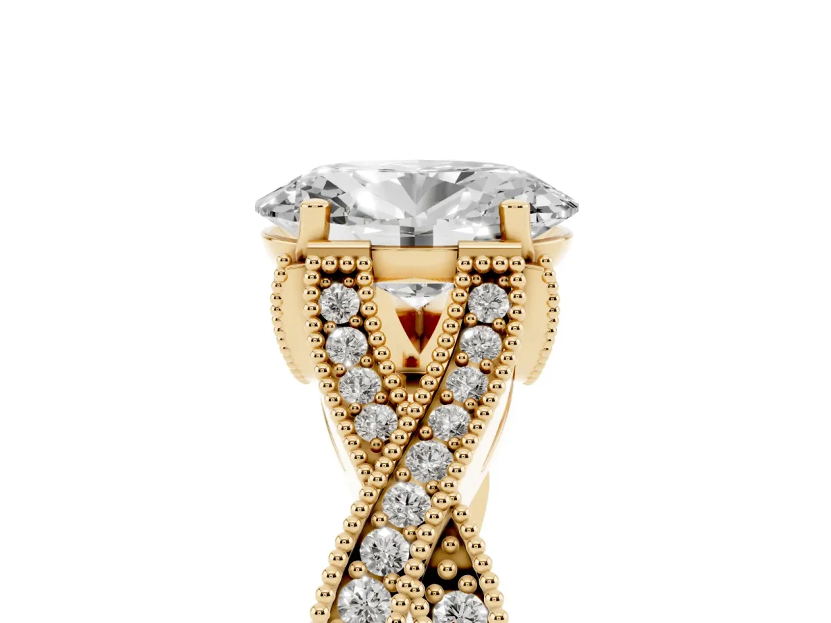Oval Cut Cut Diamond Twisted Band with Milgrain Pave Setting and Four-Prong Setting Yellow gold
