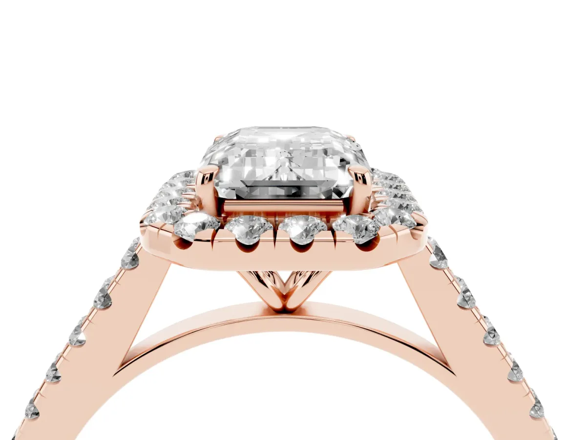 Emerald Cut Halo Pave Diamond Engagement Ring with Four-Prong Setting Rose gold