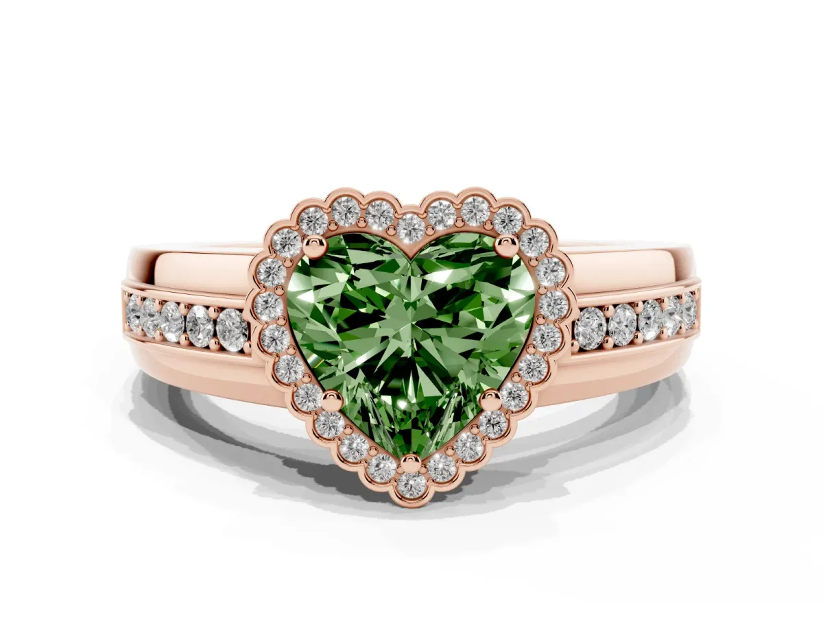 Fancy Green Heart Cut Cut Halo Pave Band Four-Prong Ring Rose gold
