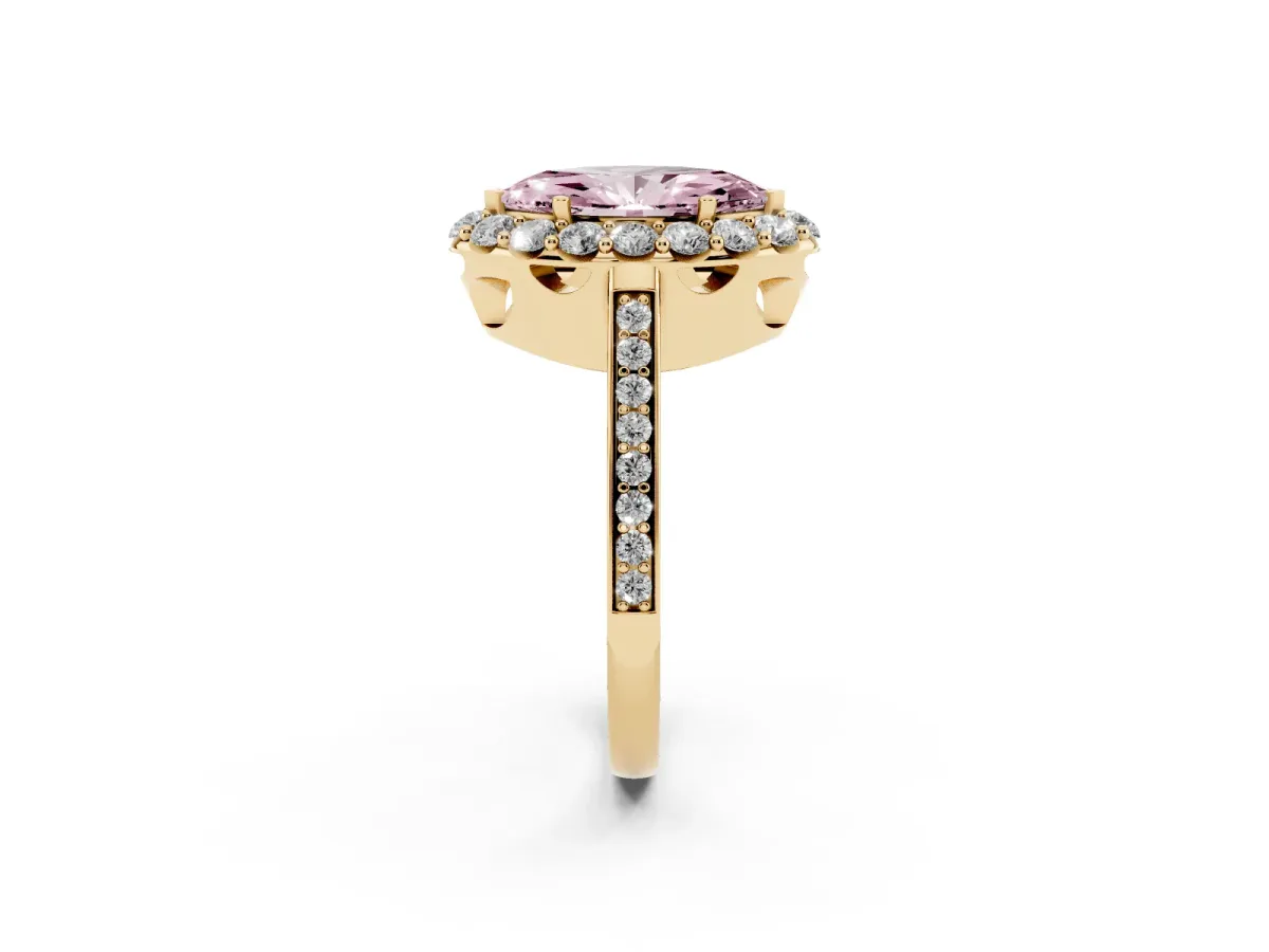 Fancy Pink Marquise Cut Diamond Floral Halo Ring with Pavé Band and Prong Setting Yellow gold