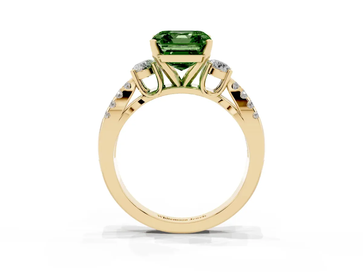 Fancy Green Asscher Cut Diamond Three-Stone Ring with Pavé Split Shank and Four-Prong Setting Yellow gold