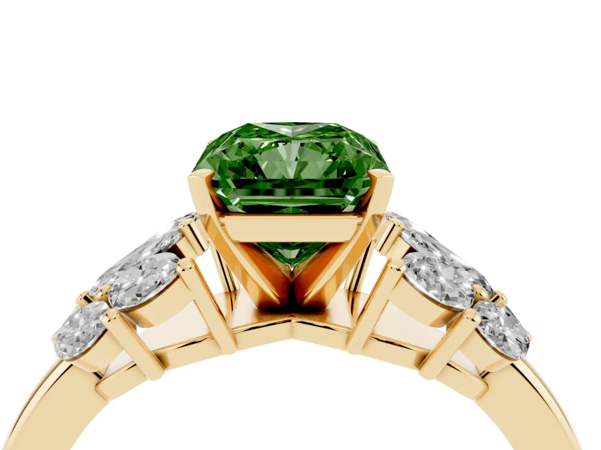 Fancy Green Radiant Cut Diamond Cluster Leaf Design Ring with Prong Setting Yellow gold
