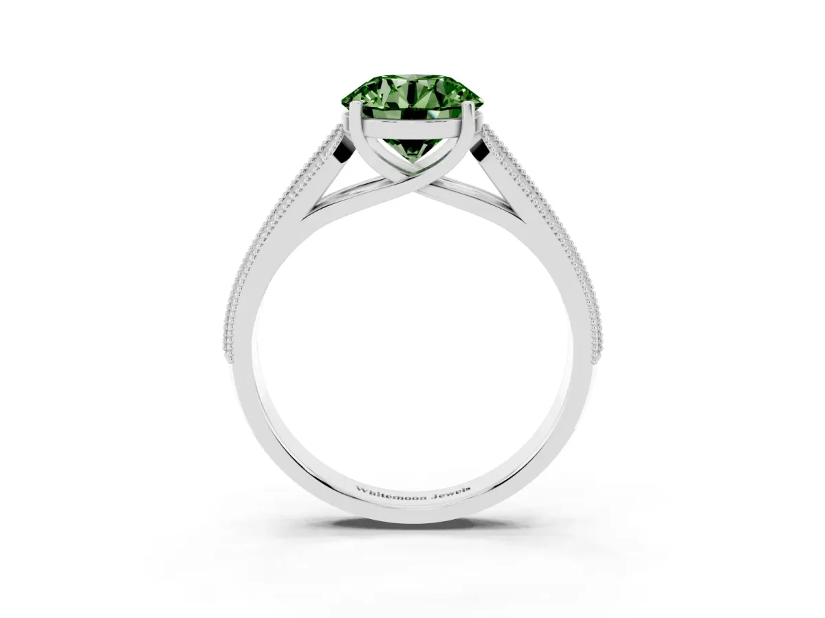 Fancy Green Round Cut Cut Pave Split Shank Engagement Ring with Four-Prong Setting White gold