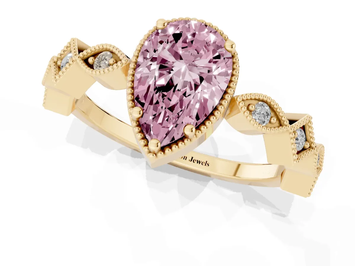 Fancy Pink Pear Cut Milgrain Marquise Diamond Twist Band Ring Yellow gold
