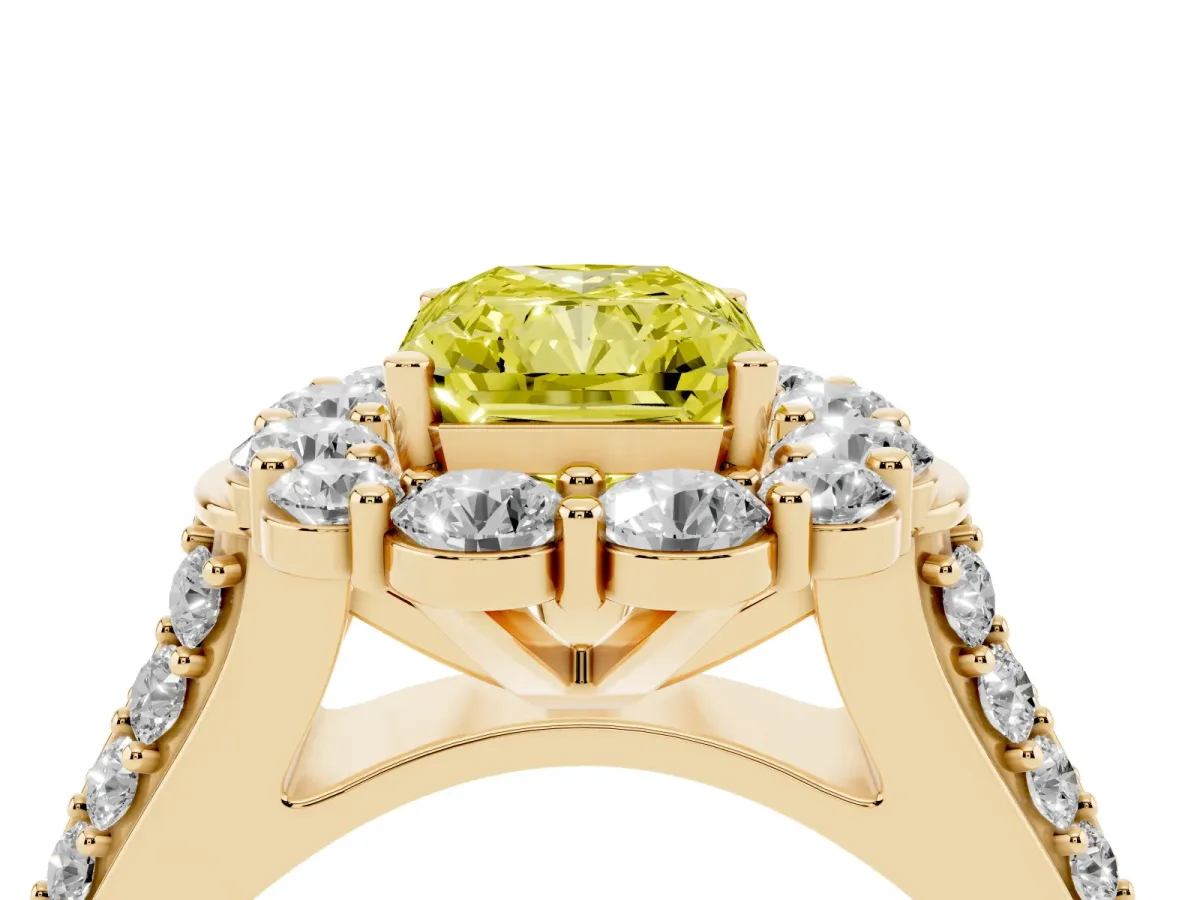 Fancy Yellow Radiant Cut Halo Diamond Engagement Ring with Split Shank and Prong Setting Yellow gold