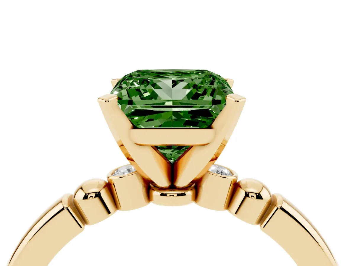 Fancy Green Princess Cut Solitaire Beaded Band with Four-Prong Setting Yellow gold