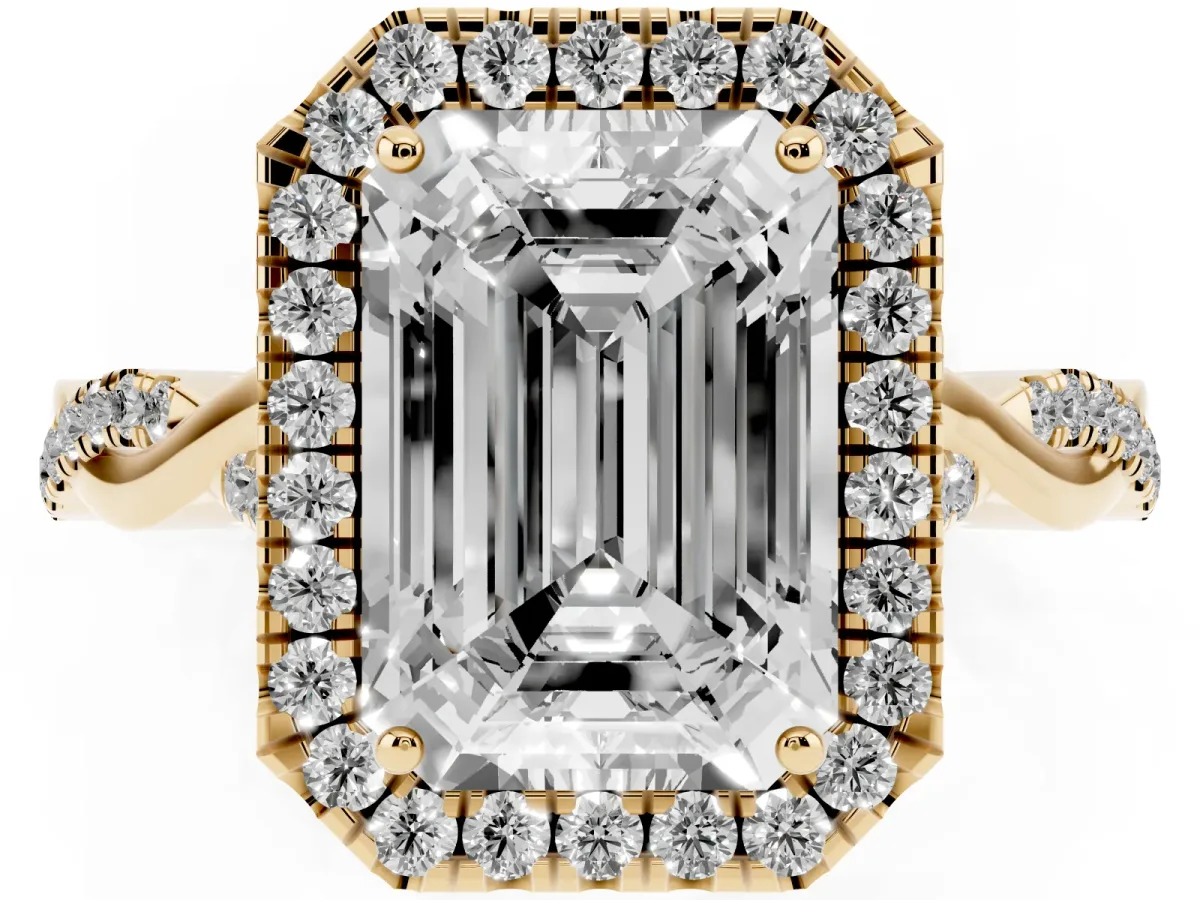 Emerald Cut Halo Twist Band Solitaire Ring Yellow gold