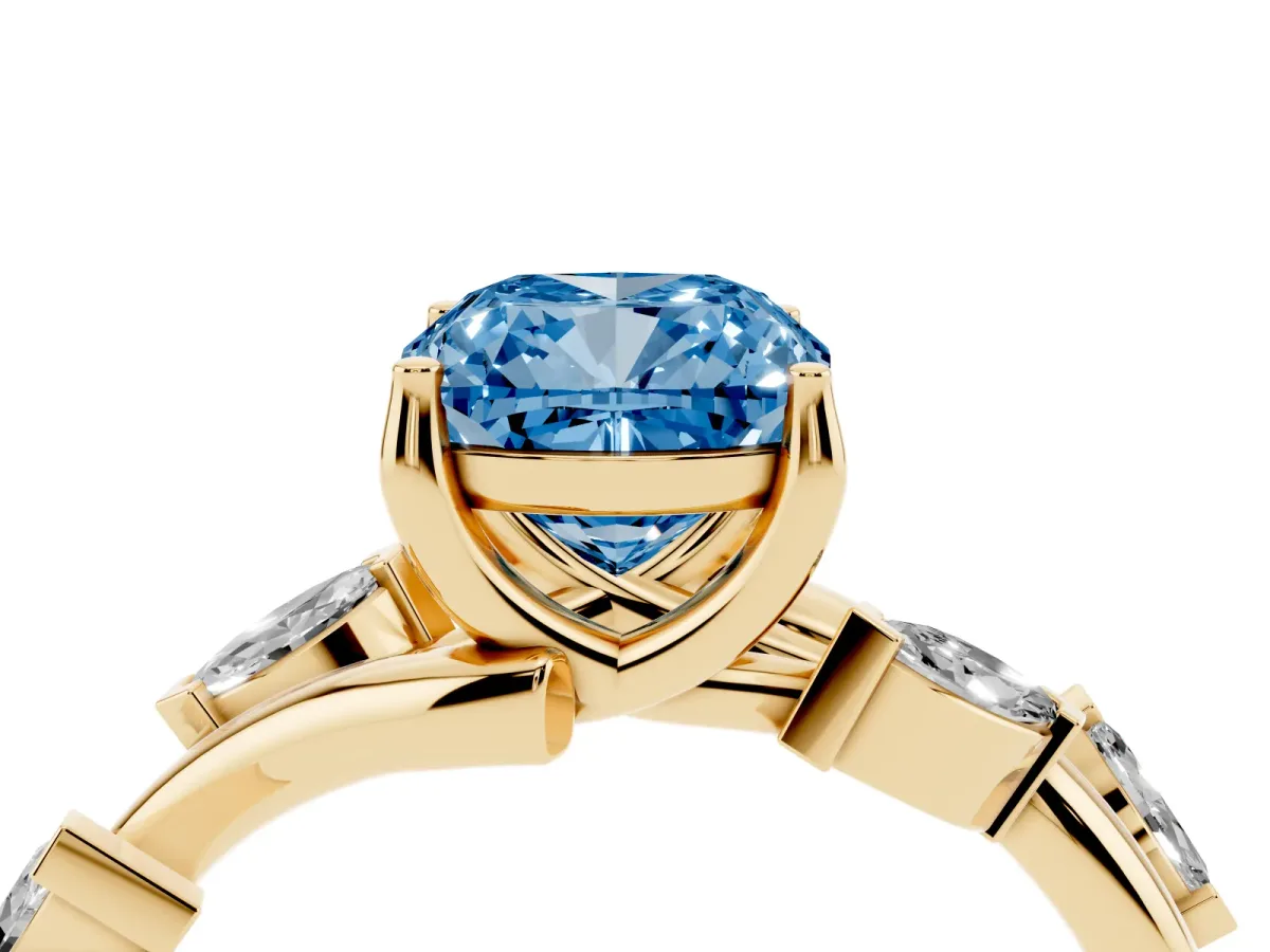 Fancy Blue Cushion Cut Solitaire Twisted Band Marquise Accent Prong Setting Ring Yellow gold