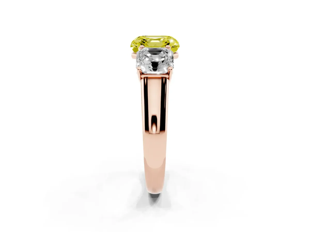 Fancy Yellow Asscher Cut Three-Stone Diamond Ring with Prong Setting on a Classic Band Rose gold