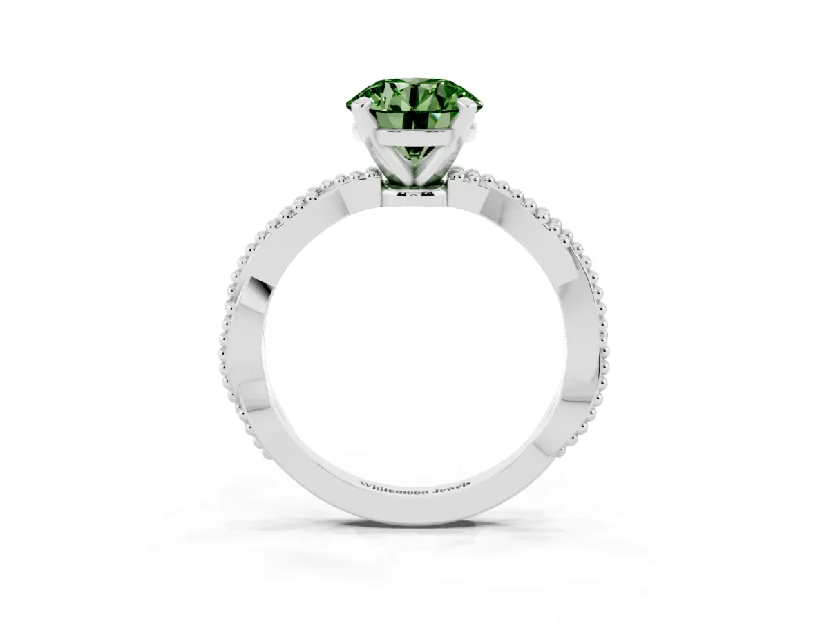 Fancy Green Round Cut Solitaire Twisted Band with Bead Prong Setting White gold