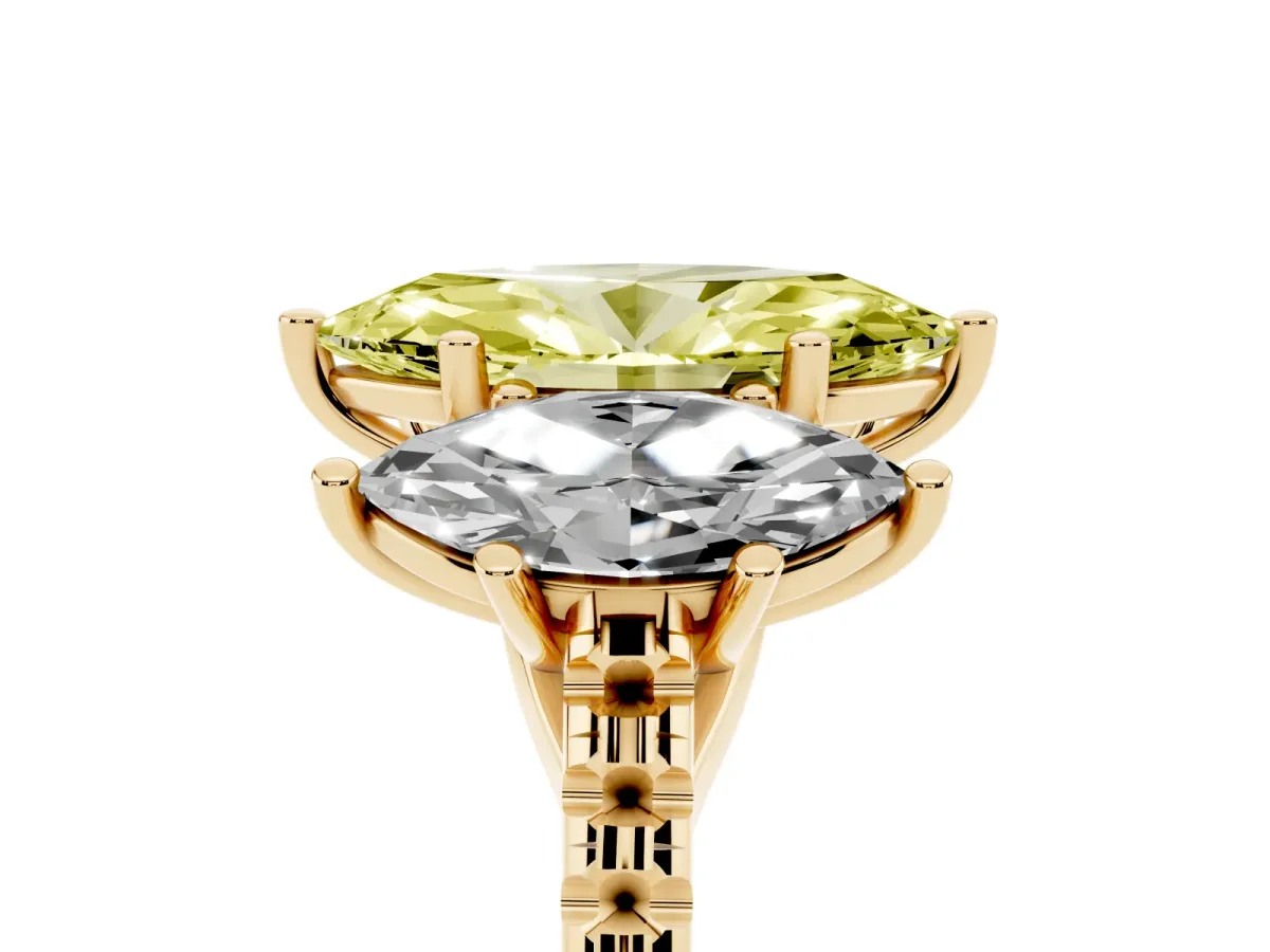 Fancy Yellow Three-Stone Marquise Cut Diamond Ring with Round Pavé Band and Prong Setting Yellow gold