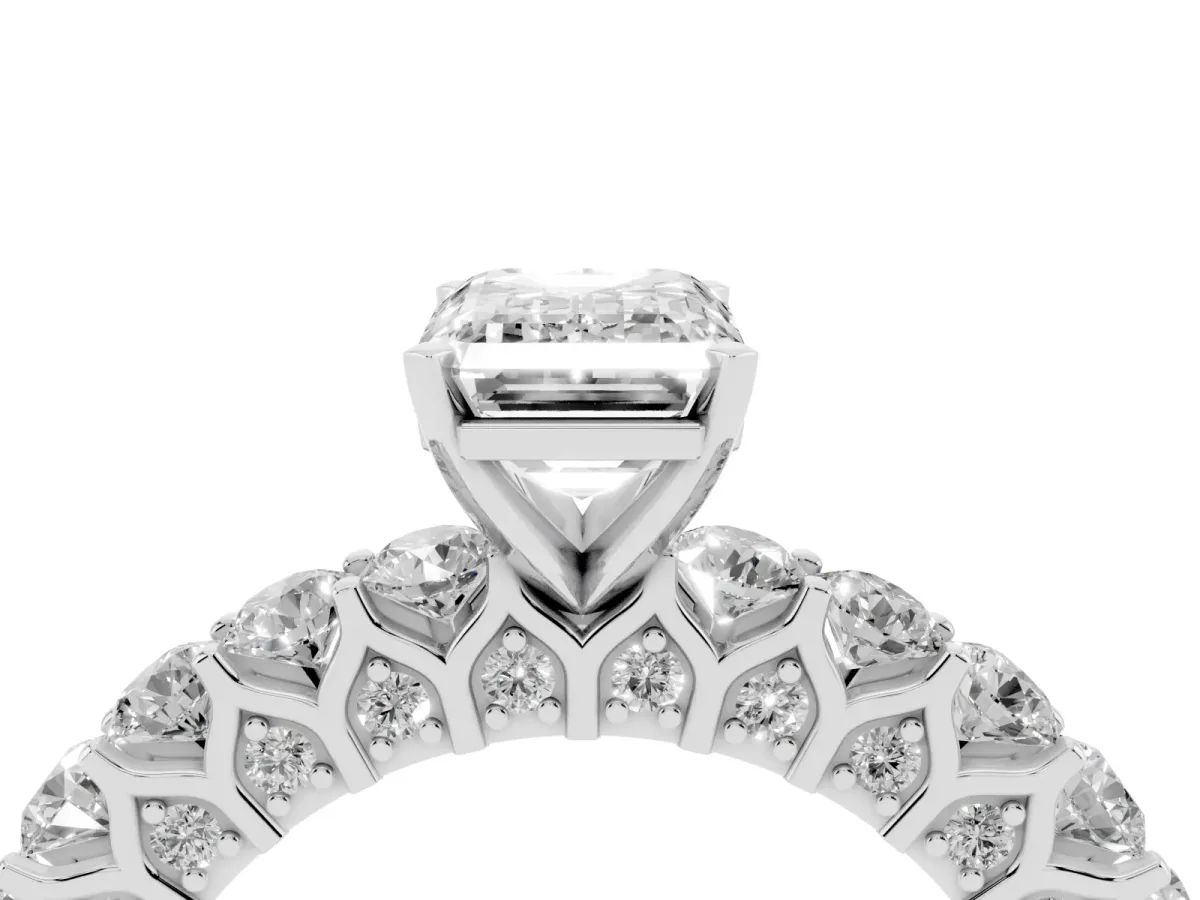 Emerald Cut Diamond Solitaire Ring with Shared Prong Pavé Band and Four-Prong Setting Silver