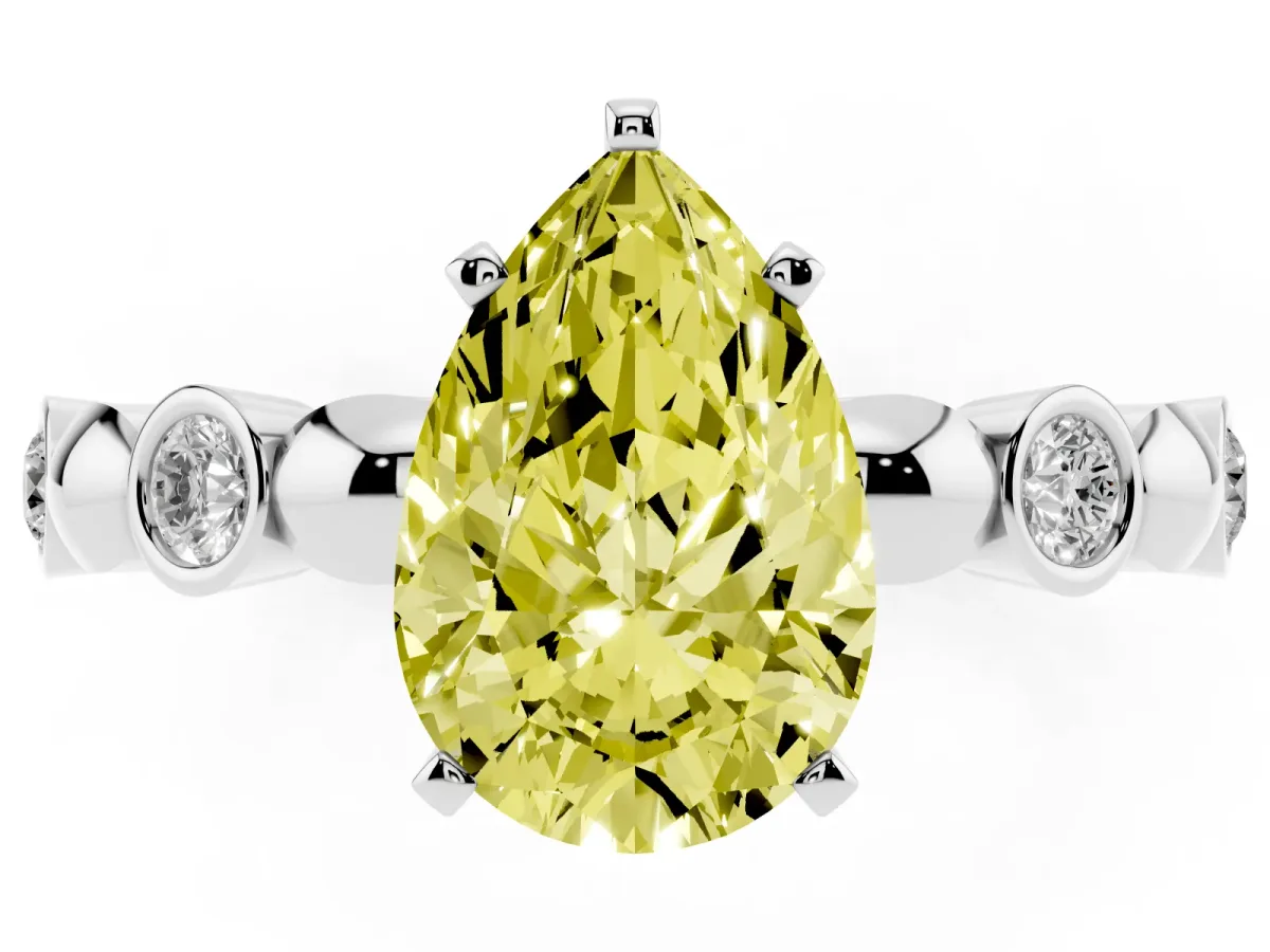 Fancy Yellow Pear Cut Solitaire Bezel-Set Diamond Ring with Beaded Band and Four-Prong Setting Silver