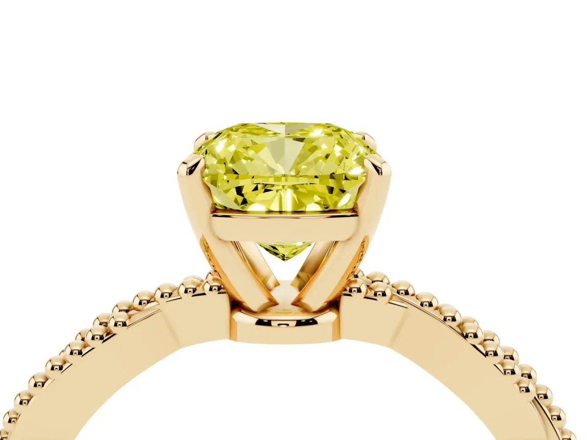 Fancy Yellow Cushion Cut Solitaire Twisted Band with Bead Prong Setting Yellow gold
