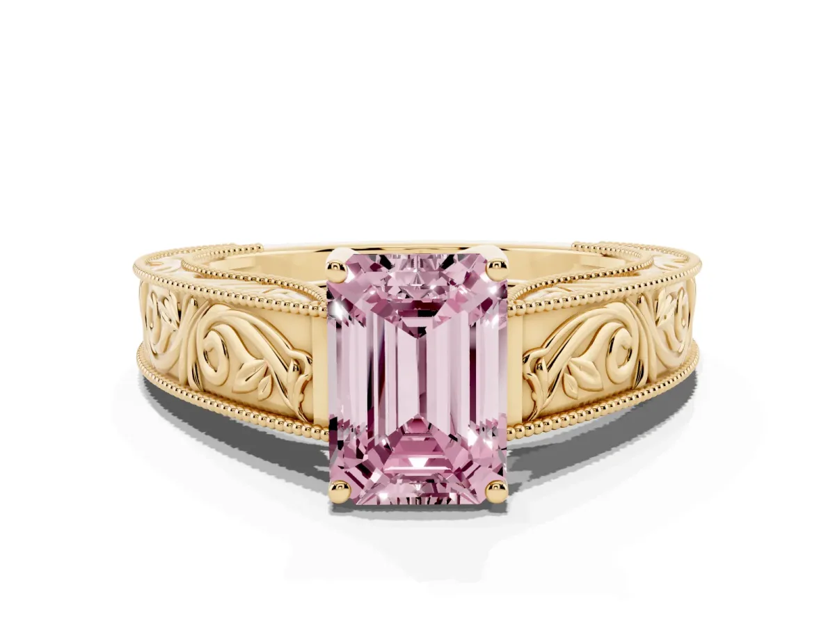 Fancy Pink Emerald Cut Diamond Solitaire Ring with Engraved Band and Four-Prong Setting Yellow gold