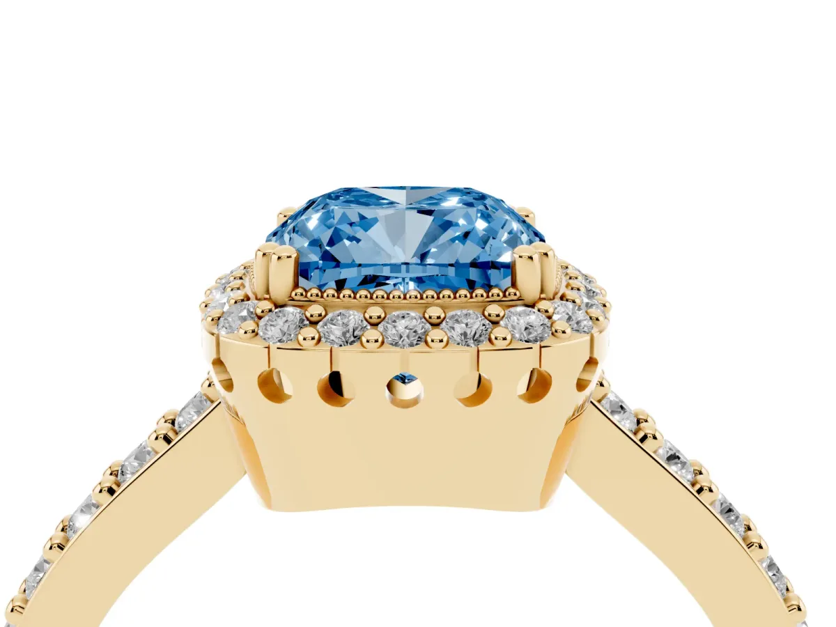 Fancy Blue Cushion Cut Cut Diamond Halo Engagement Ring with Milgrain Detail and Pavé Band Yellow gold