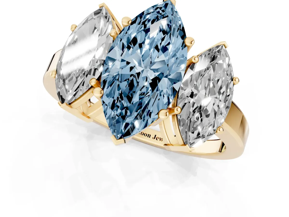 Fancy Blue Three-Stone Marquise Cut Cut Diamond Engagement Ring with Flat Band and Four-Prong Setting Yellow gold