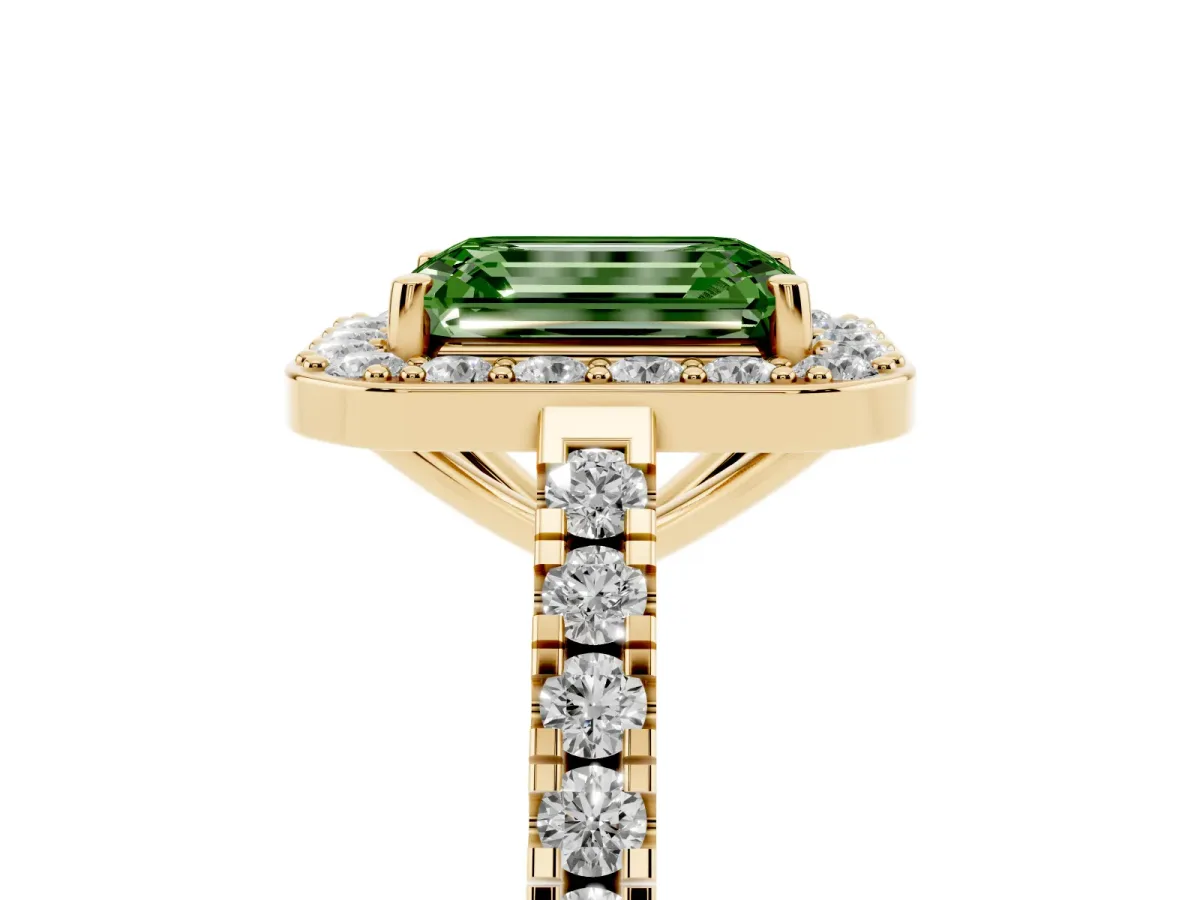 Fancy Green Emerald Cut Diamond Halo Ring with Round Pavé Split Shank and Prong Setting Yellow gold