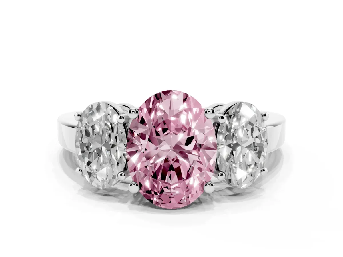 Fancy Pink Three-Stone Oval Cut Cut Diamond Engagement Ring with Flat Band and Four-Prong Setting Silver