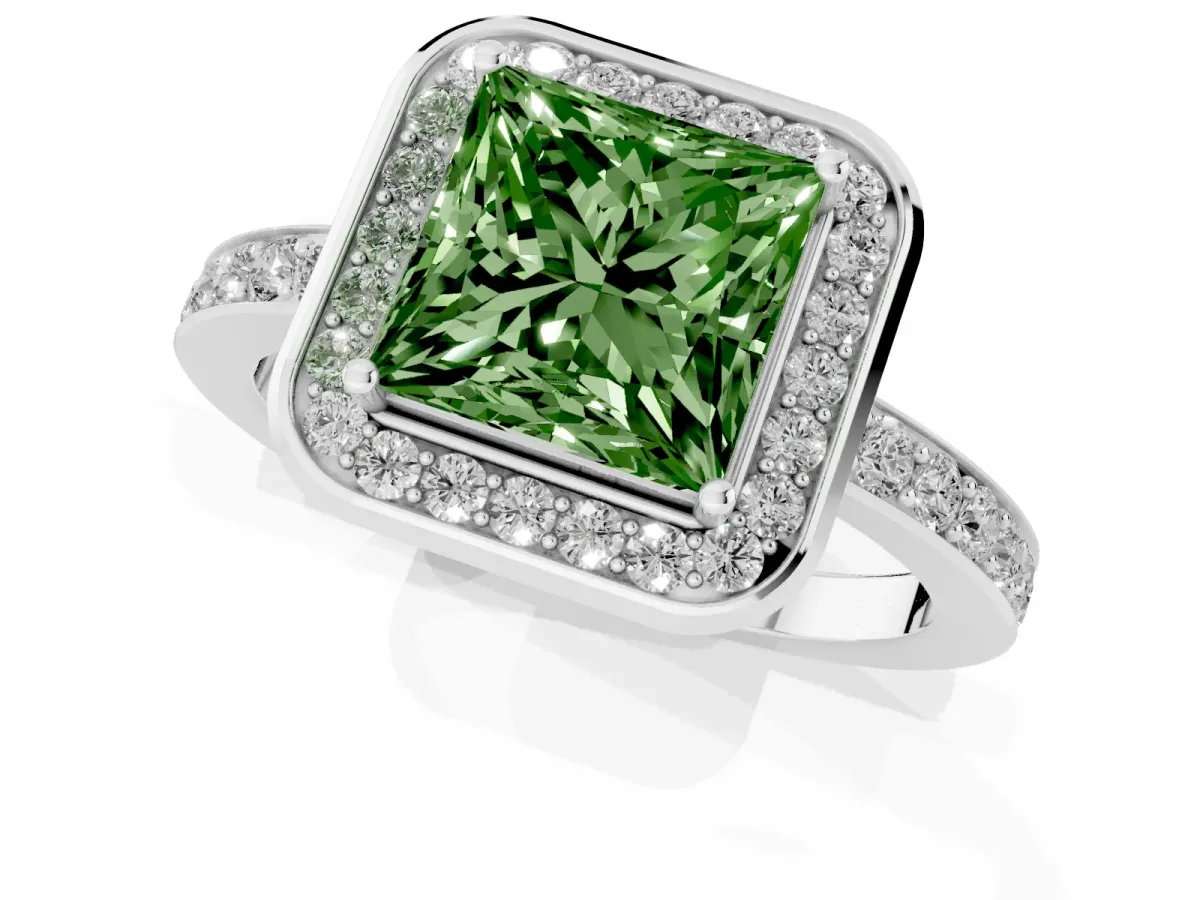 Fancy Green Princess Cut Diamond Halo Ring with Bezel Frame and Pavé Band White gold