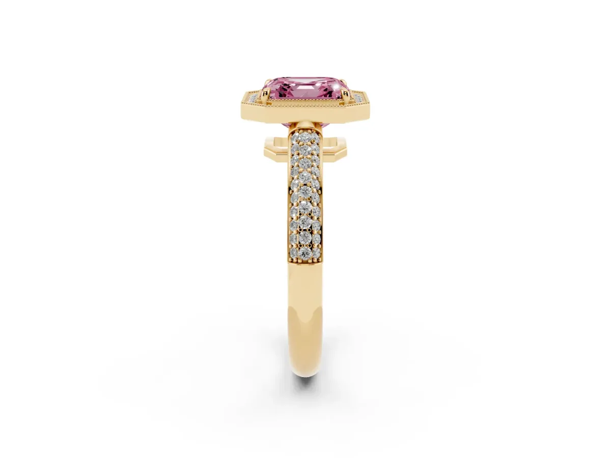 Fancy Pink Asscher Cut Cut Halo Diamond Pave Band with Four-Prong Setting Yellow gold