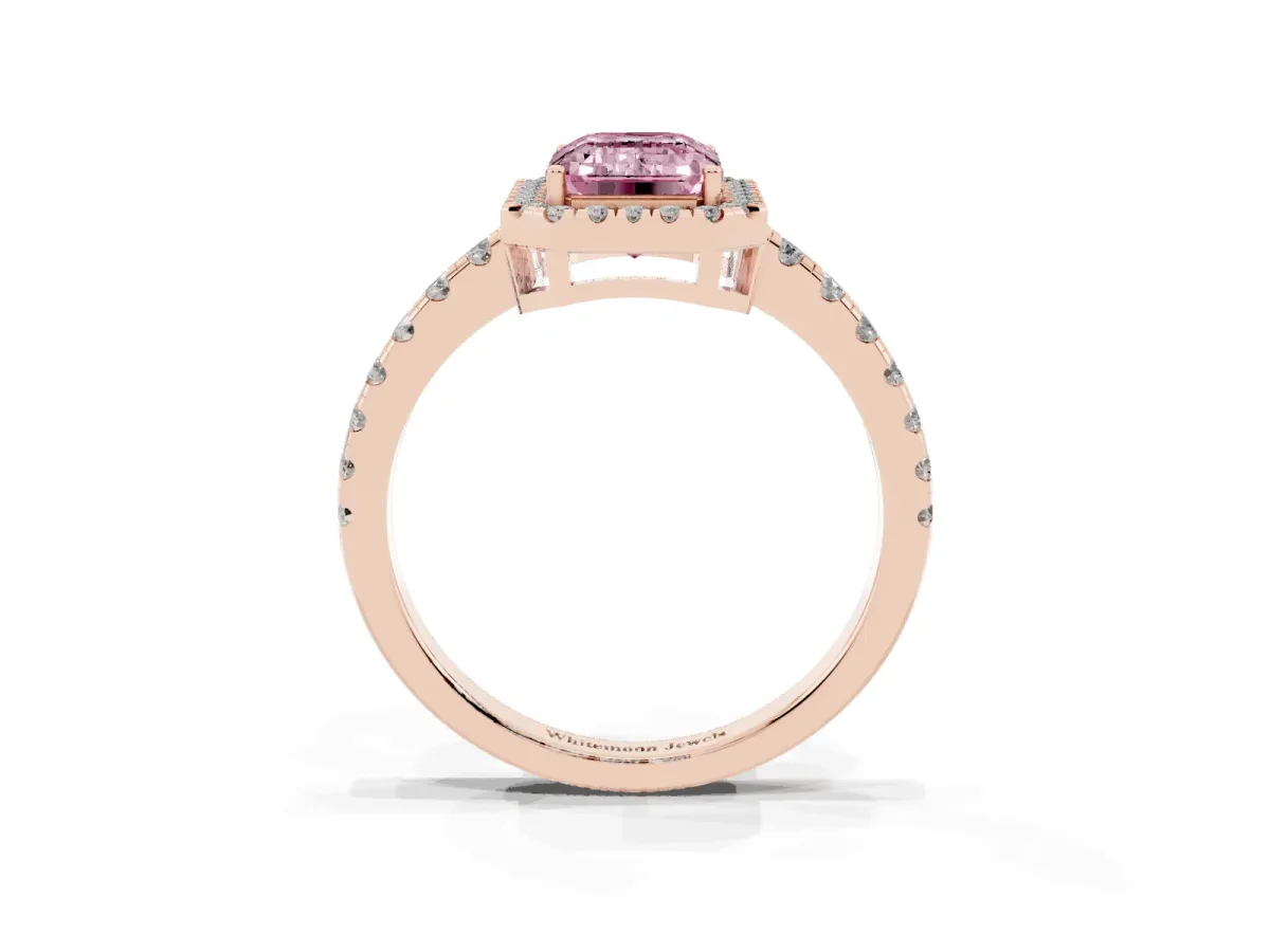 Fancy Pink Emerald Cut Diamond Halo Ring with Pavé Band and Four-Prong Setting Rose gold