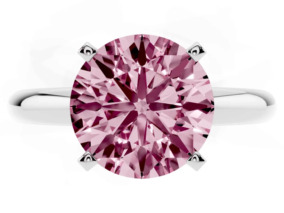 Fancy Pink Round Cut Diamond Solitaire Engagement Ring with Round Band and Four-Prong Setting Platinum