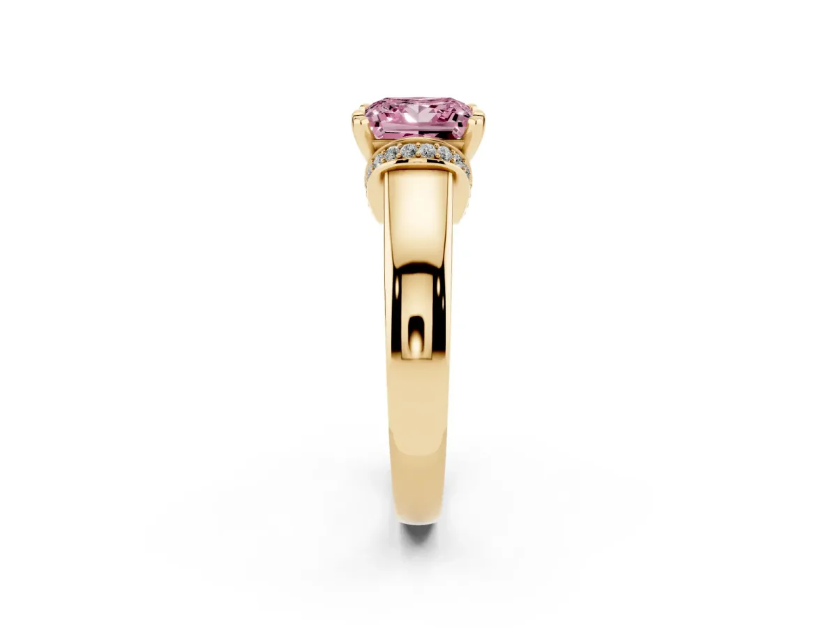 Fancy Pink Princess Cut Solitaire Diamond Ring with Pave Band and Six-Prong Setting Yellow gold