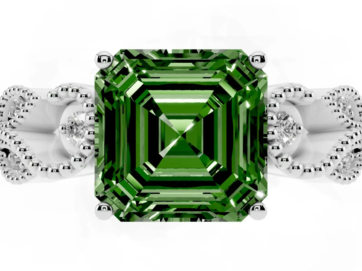 Fancy Green Asscher Cut Solitaire Milgrain Leaf Band with Prong Setting Platinum