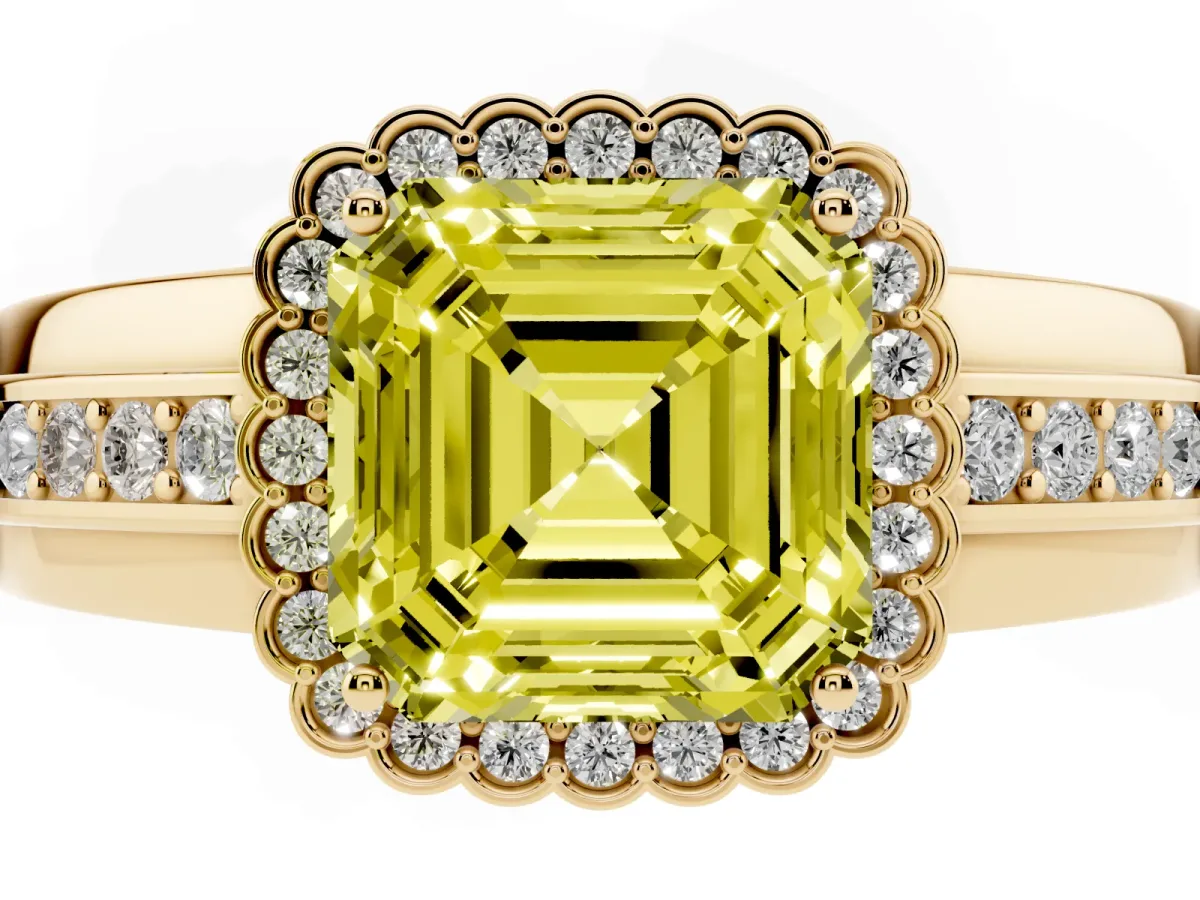 Fancy Yellow Asscher Cut Cut Halo Pave Band Four-Prong Ring Yellow gold