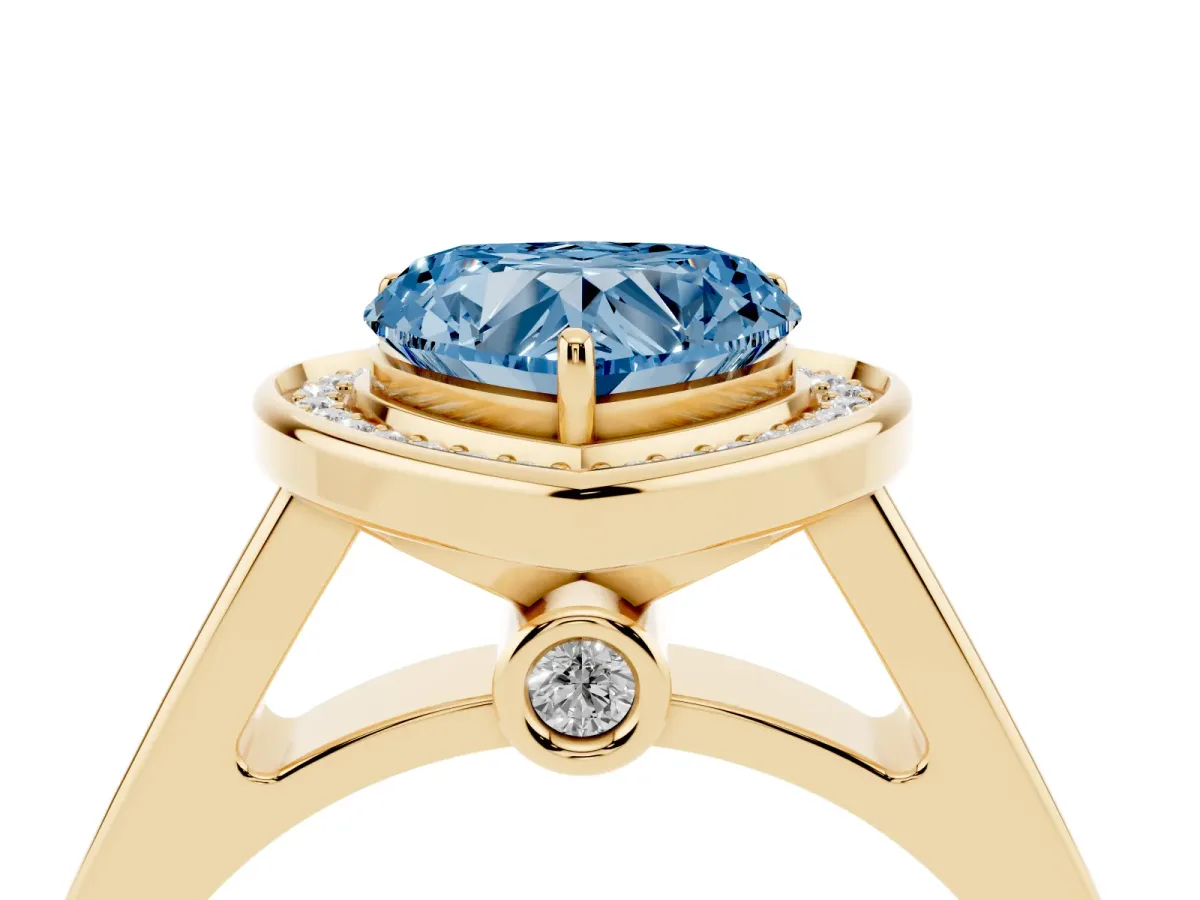 Fancy Blue Heart Cut Halo Solitaire Diamond Ring with Pave Band and Bezel Setting Yellow gold
