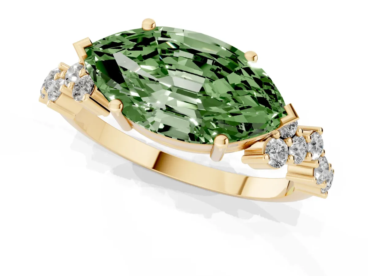 Fancy Green Marquise Cut Diamond Scattered Round Accent Ring with Prong Setting Yellow gold