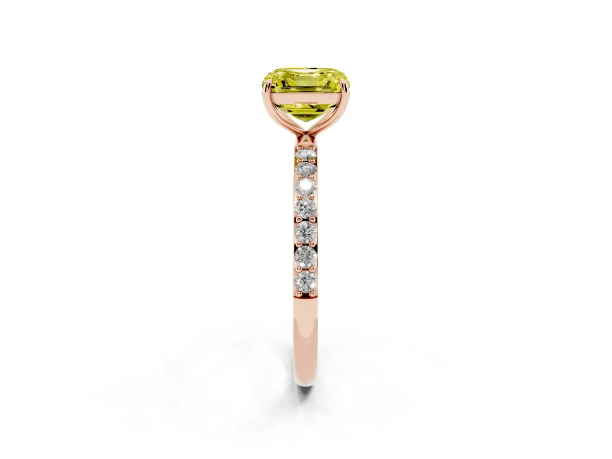 Fancy Yellow Asscher Cut Diamond Solitaire Ring with Round Pavé Shoulders and Prong Setting Rose gold
