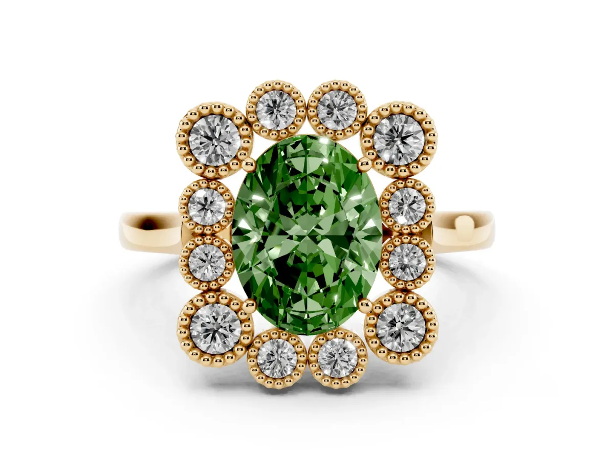 Fancy Green Oval Cut Halo Diamond Cluster Engagement Ring with Milgrain Bezel Setting and Solitaire Band Yellow gold