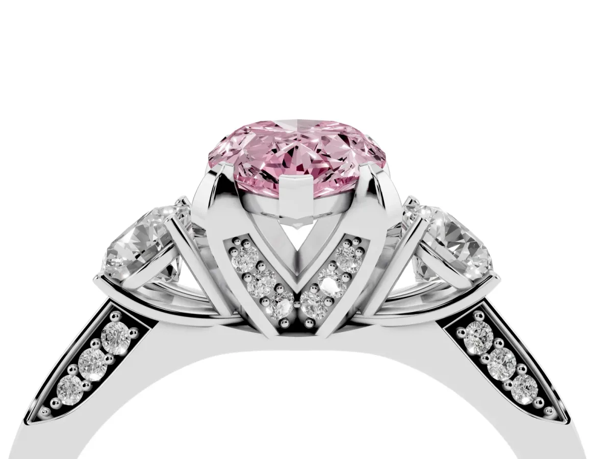 Fancy Pink Pear Cut Brilliant Three-Stone Diamond Ring with Pavé Band and Four-Prong Setting Silver