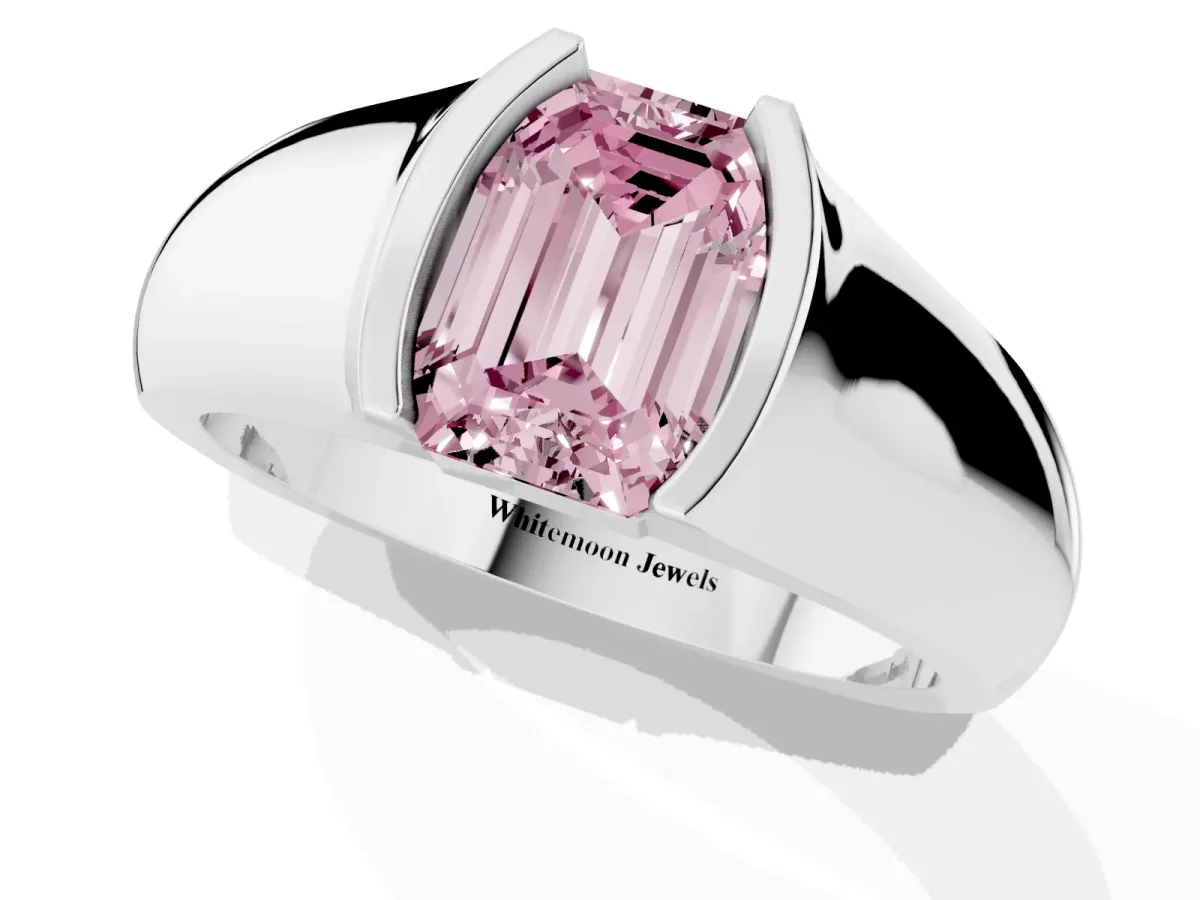 Fancy Pink Emerald Cut Solitaire Bezel Set Diamond Ring with Wide Band Platinum