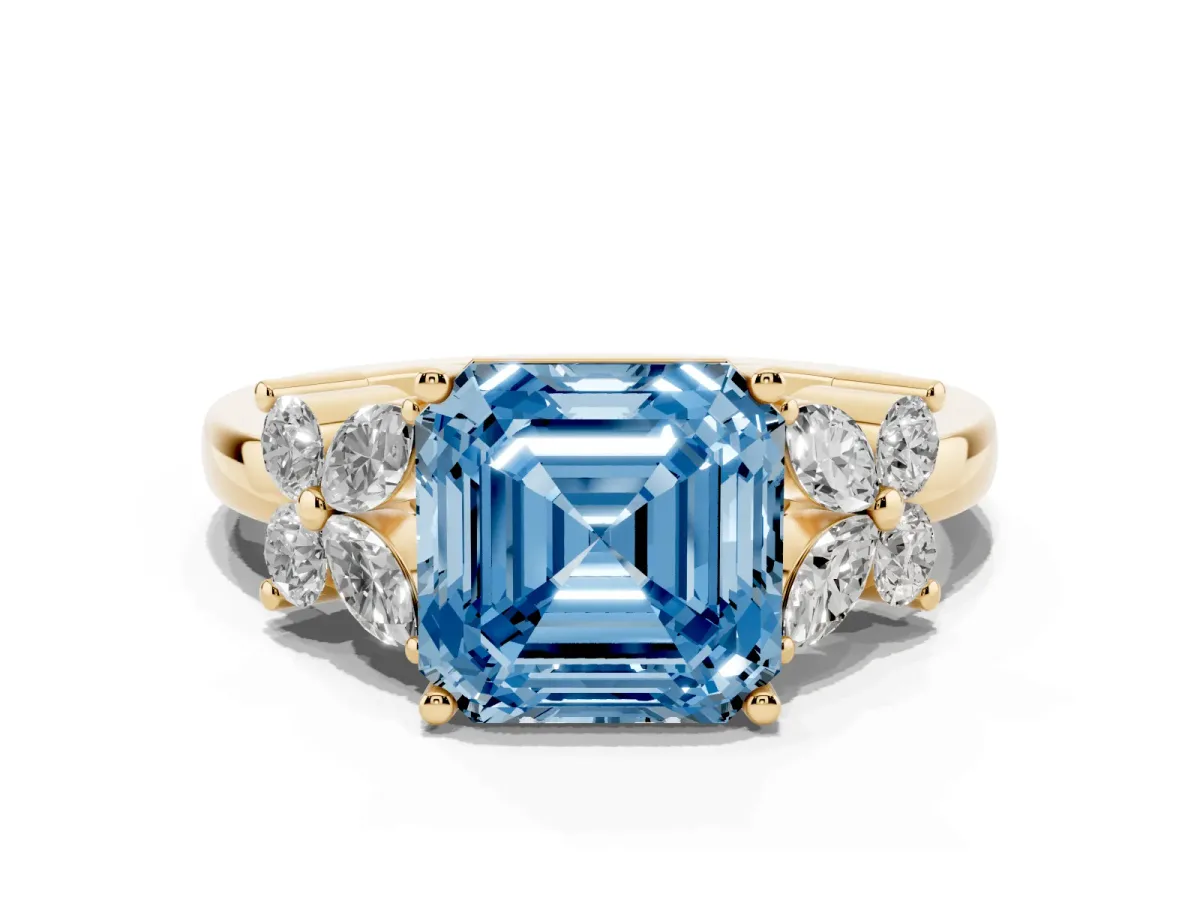 Fancy Blue Asscher Cut Diamond Floral Cluster Ring with Solitaire Band and Prong Setting Yellow gold
