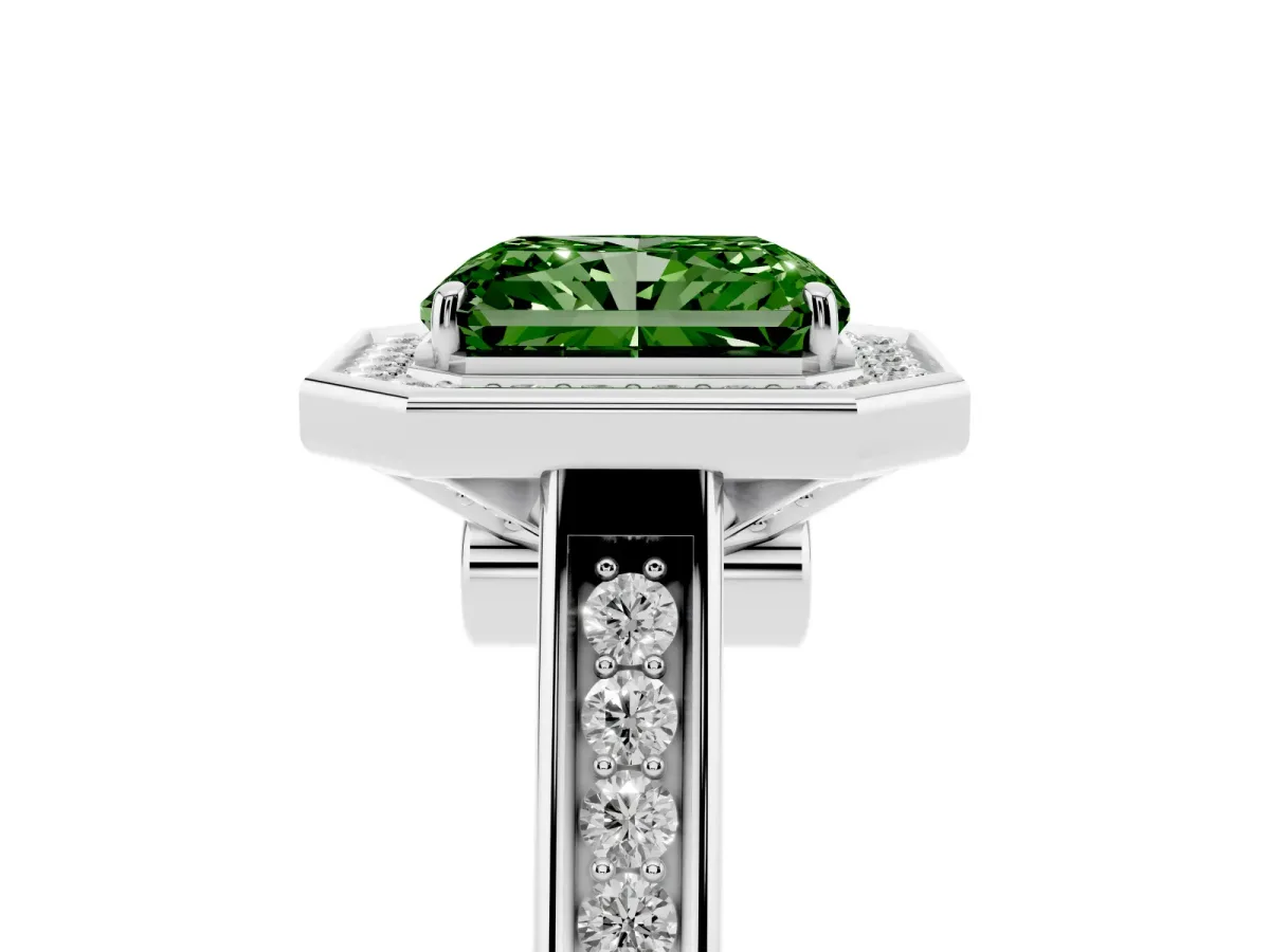 Fancy Green Radiant Cut Halo Solitaire Diamond Ring with Pave Band and Bezel Setting Silver