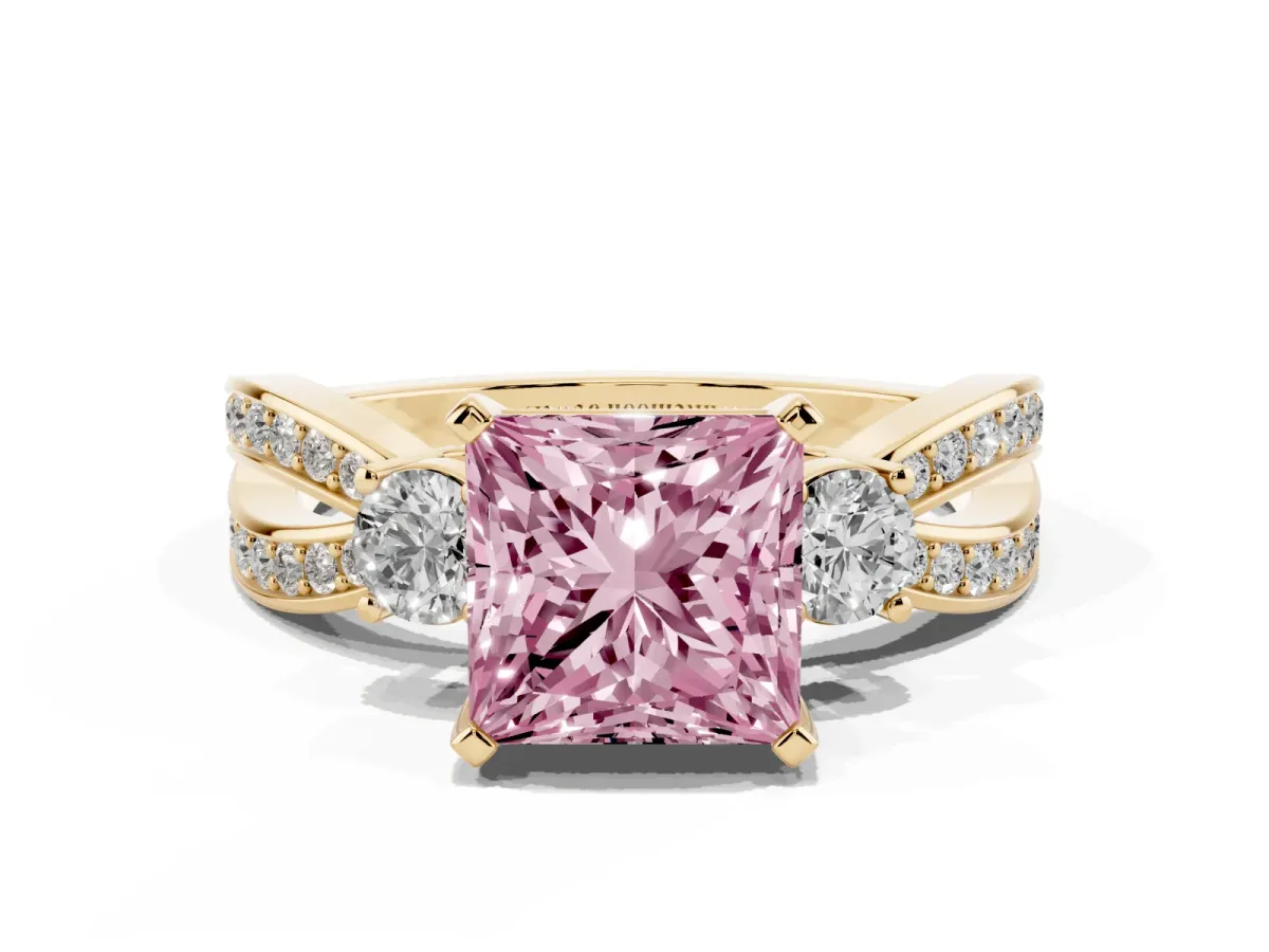 Fancy Pink Three-Stone Princess Cut Cut Diamond Twist Band with Prong Setting Yellow gold
