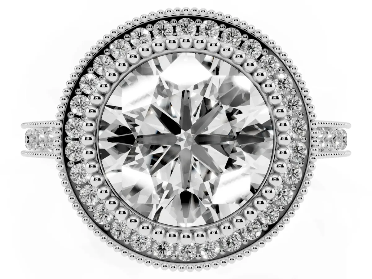 Round Cut Diamond Halo Ring with Milgrain Frame and Pavé Band Silver