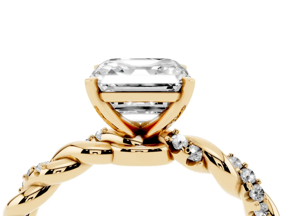 Asscher Cut Diamond Solitaire Ring with Twisted Band and Pavé Accents Yellow gold