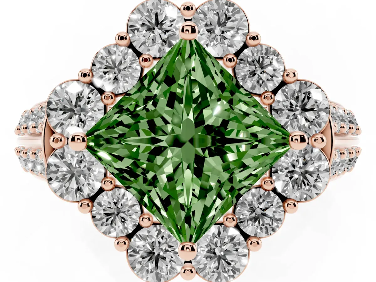 Fancy Green Princess Cut Halo Diamond Engagement Ring with Split Shank and Prong Setting Rose gold