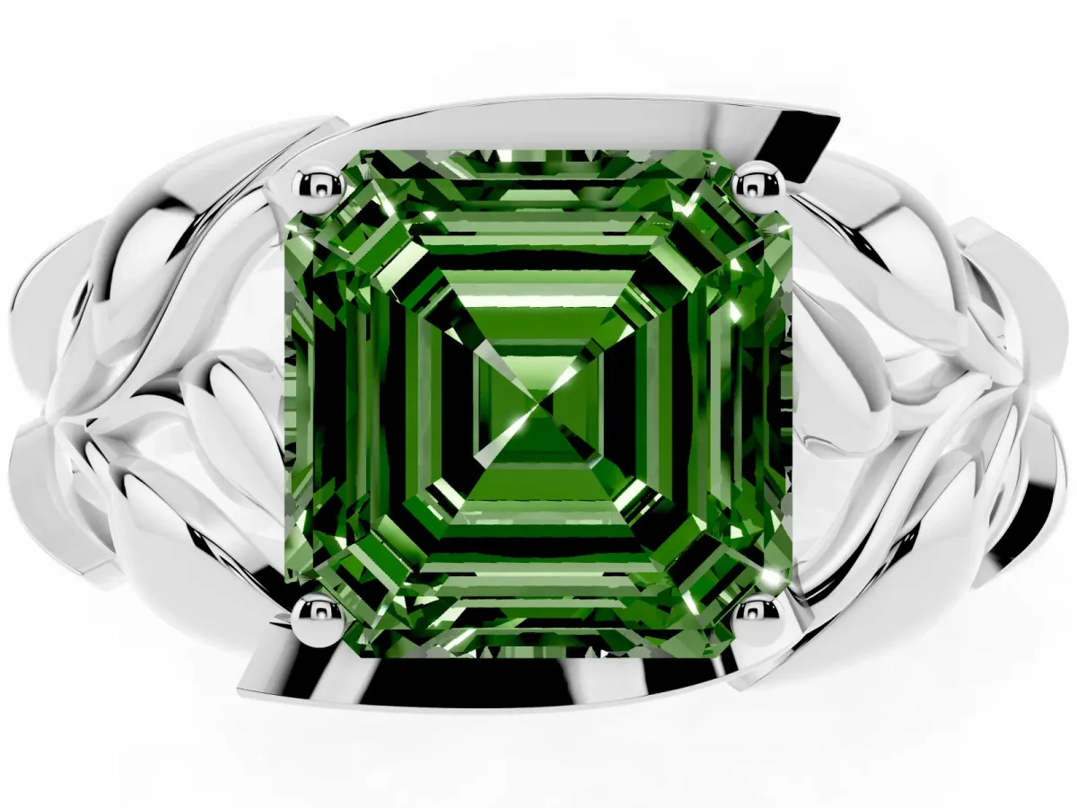 Fancy Green Asscher Cut Diamond Leaf-Inspired Engagement Ring with Round Accents and Prong Setting Silver