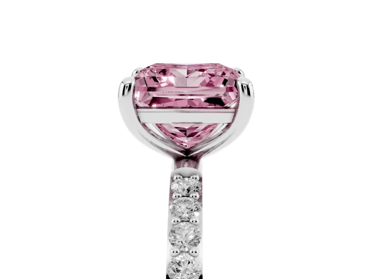 Fancy Pink Princess Cut Diamond Solitaire Ring with Round Pavé Band and Prong Setting Silver