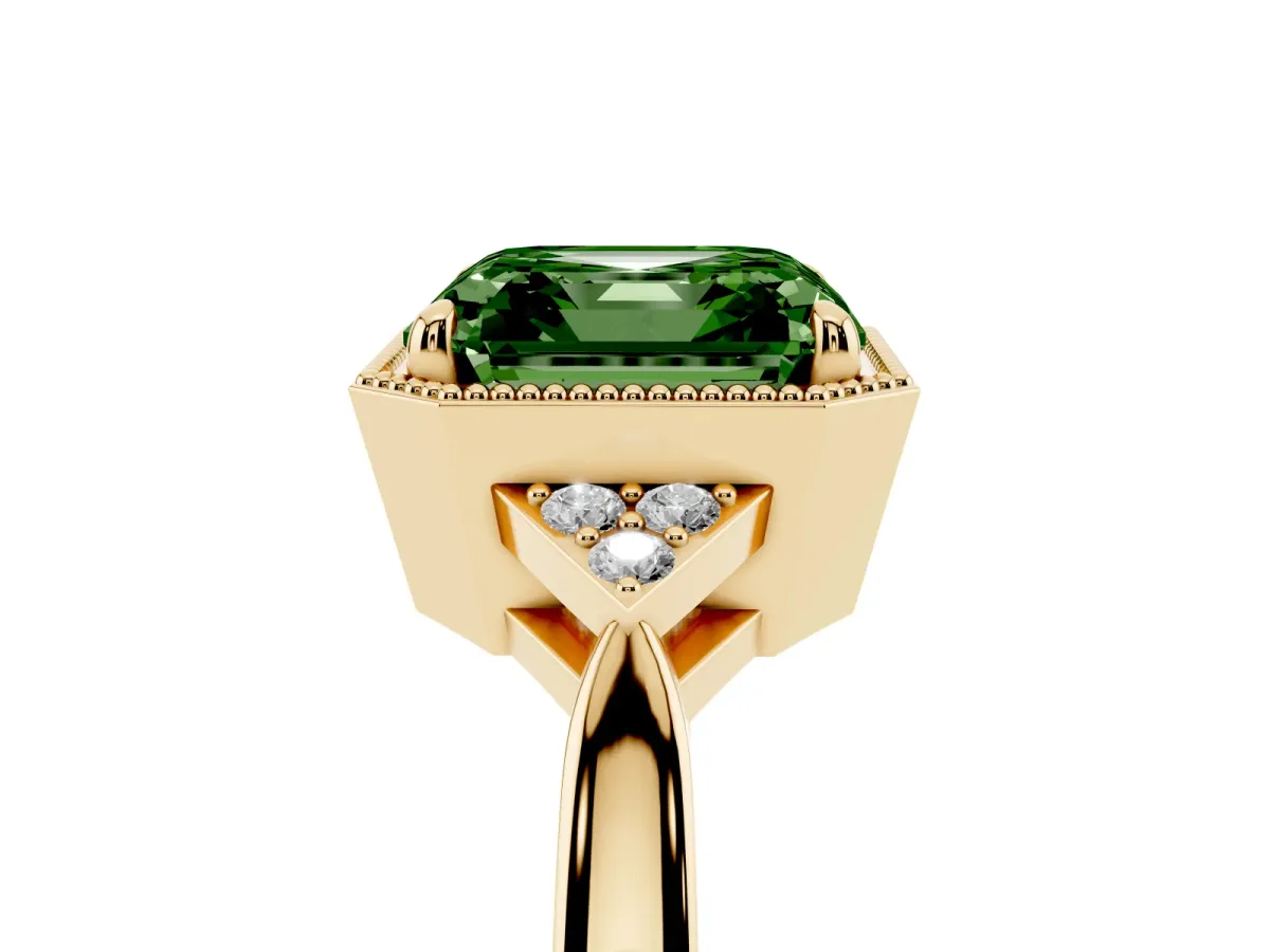 Fancy Green Hexagonal Halo Asscher Cut Diamond Solitaire with Pavé Band and Four-Prong Setting Yellow gold