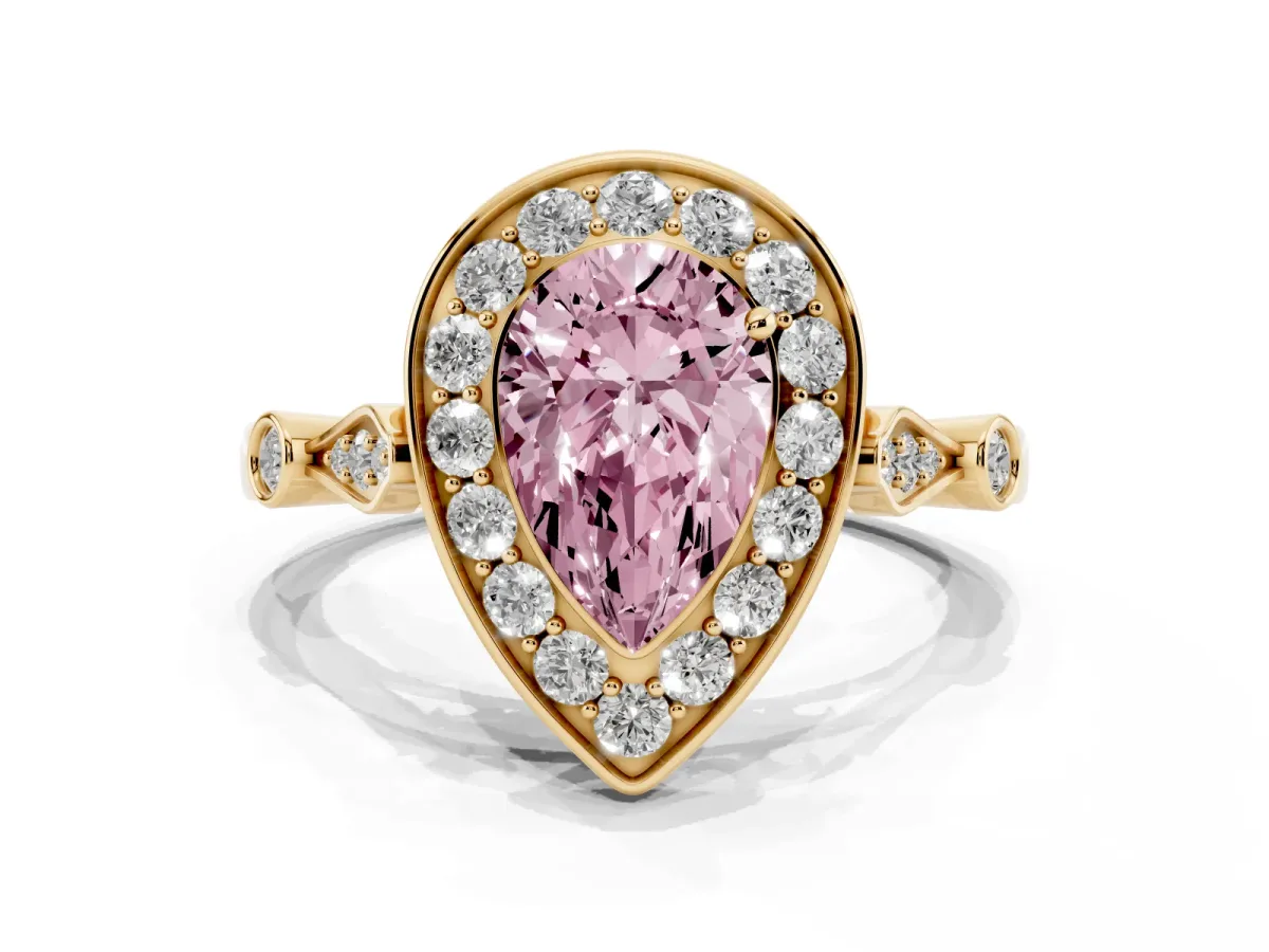 Fancy Pink Pear Cut Halo Diamond Engagement Ring with Twisted Band and Four-Prong Setting Yellow gold