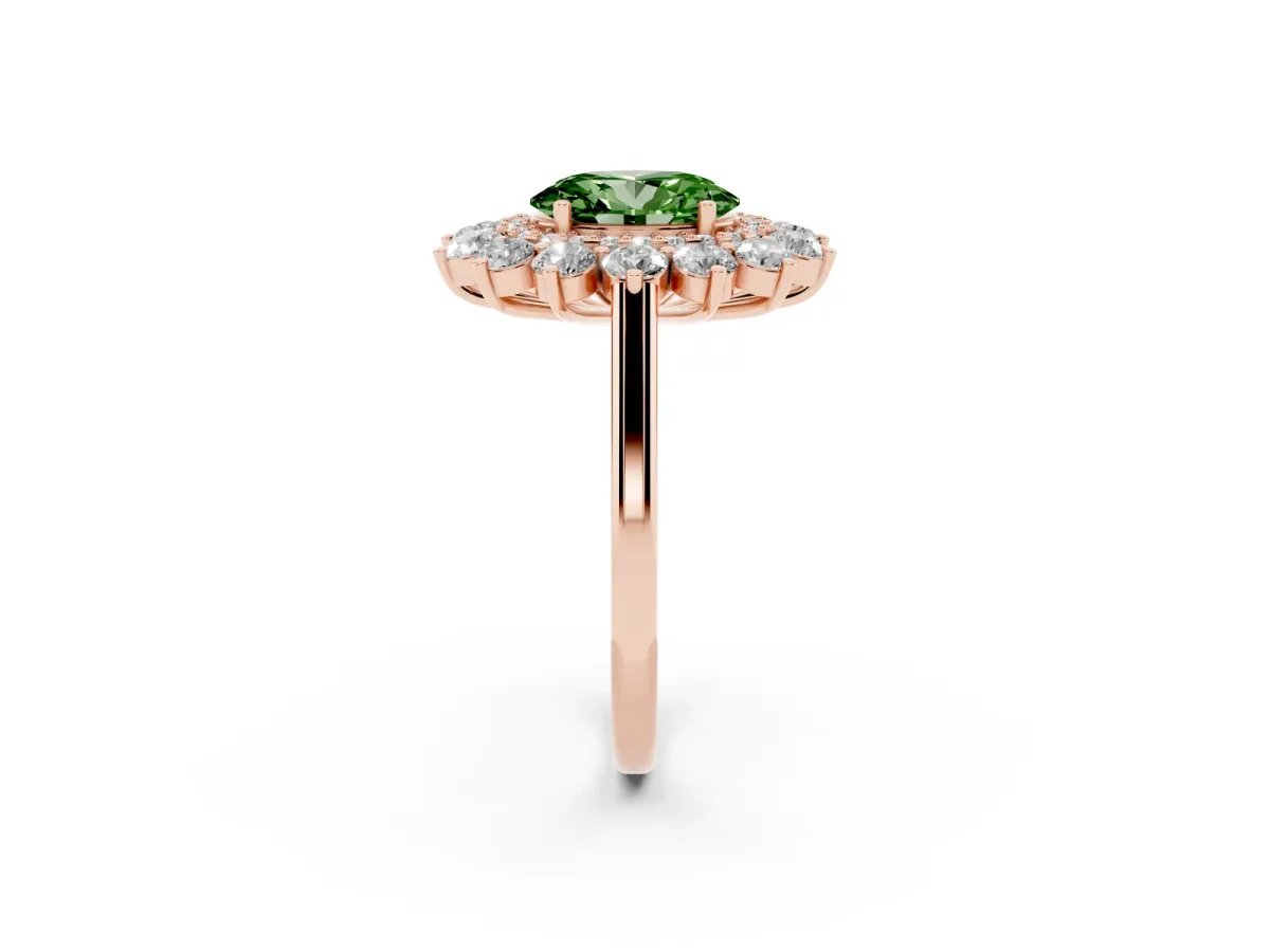 Fancy Green Oval Cut Diamond Floral Double Halo Engagement Ring with Prong Setting Rose gold