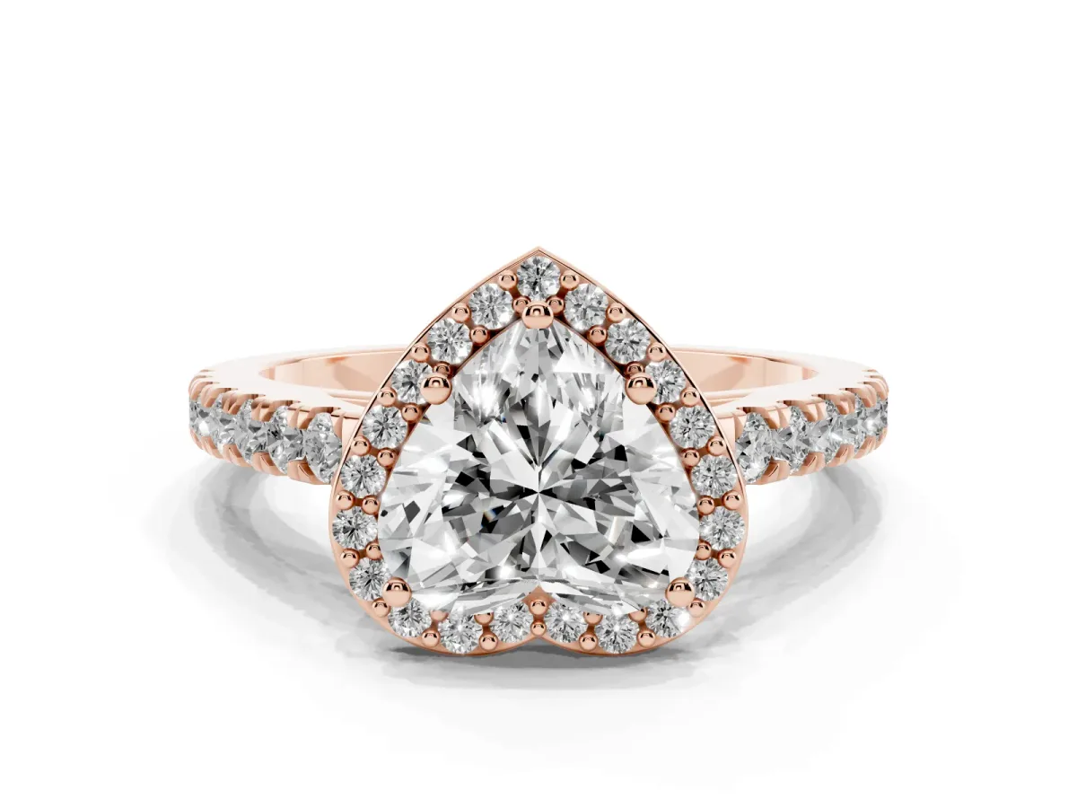 Heart Cut Cut Halo Diamond Engagement Ring with Pave Band and Four-Prong Setting Rose gold