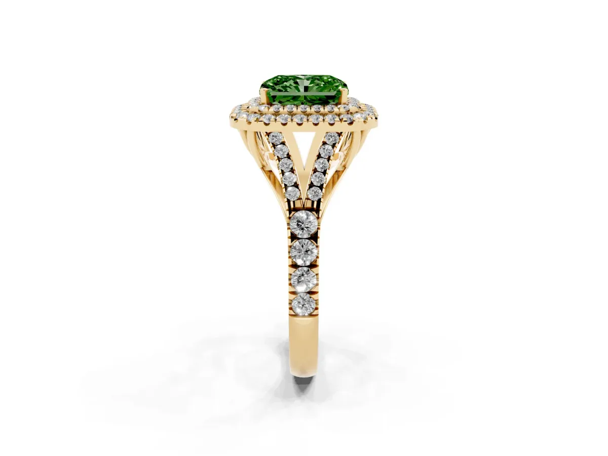 Fancy Green Radiant Cut Diamond Double Halo Ring with Split Shank and Prong Setting Yellow gold