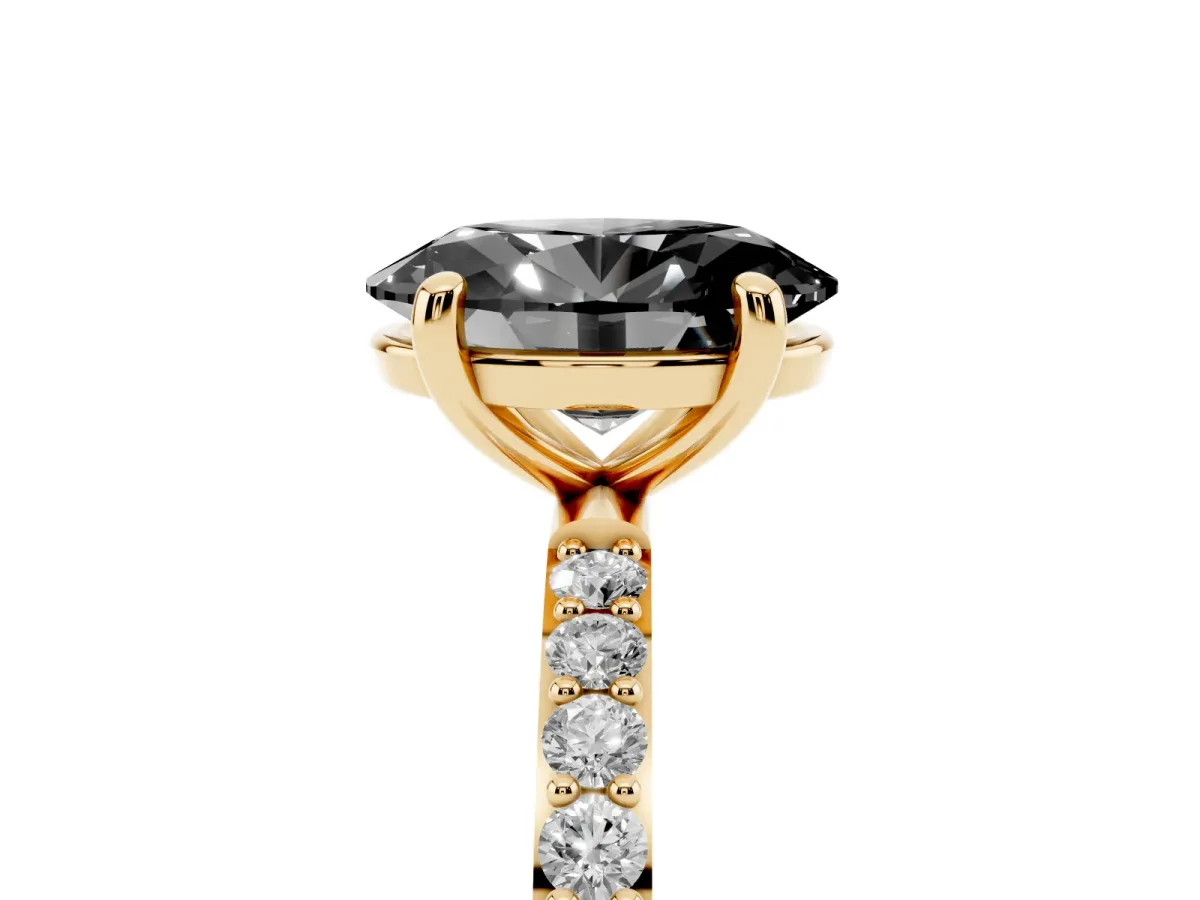 Fancy Black Oval Cut Diamond Solitaire Ring with Round Pavé Band and Prong Setting Yellow gold